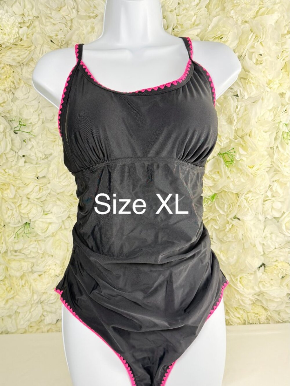 Eomenie XL Black One Piece Swimsuit Pink Trim Ruched Tummy Control NWT